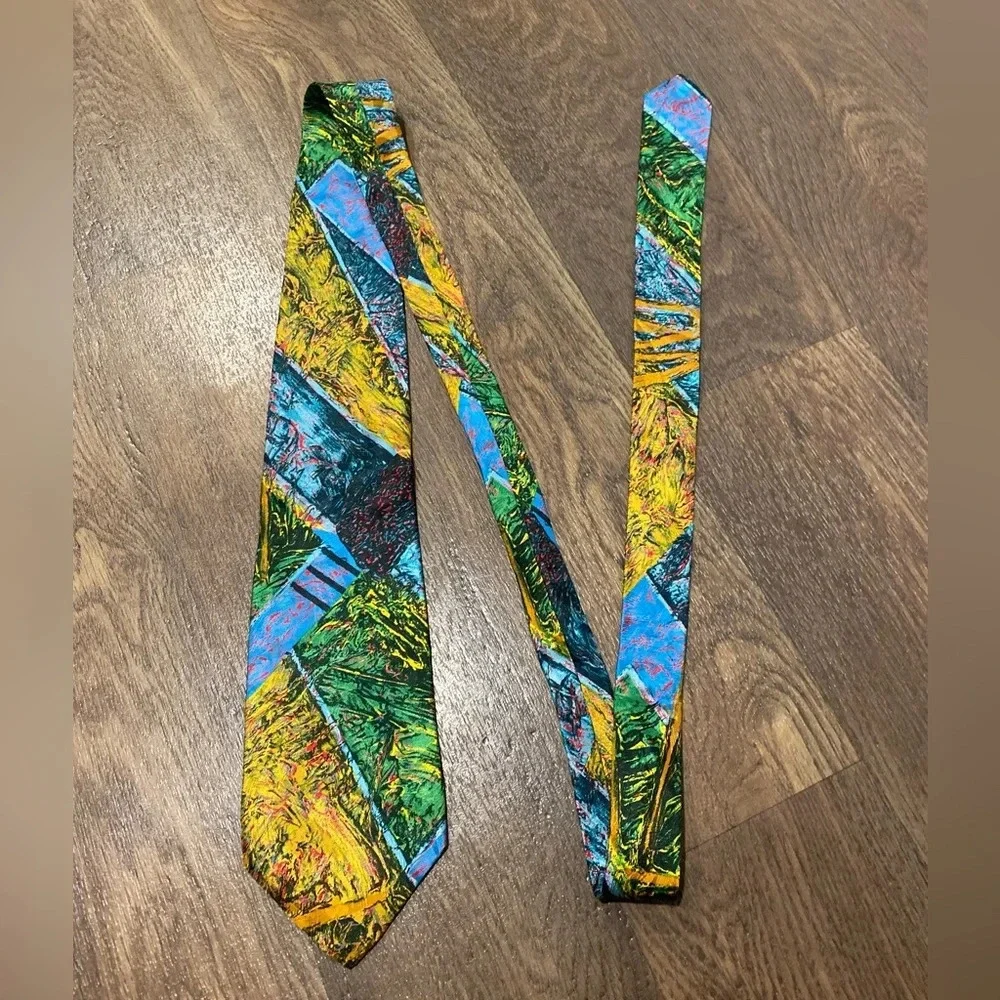Brioni Necktie Vintage Multicolor Floral Abstract Silk Italy Gold Chain
